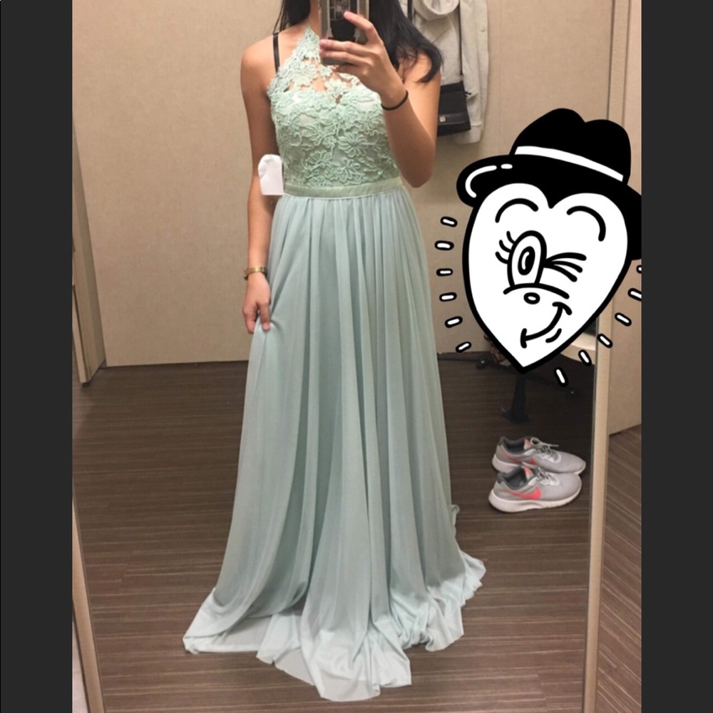 Sage Green Juniors Lace Halter Formal Dress